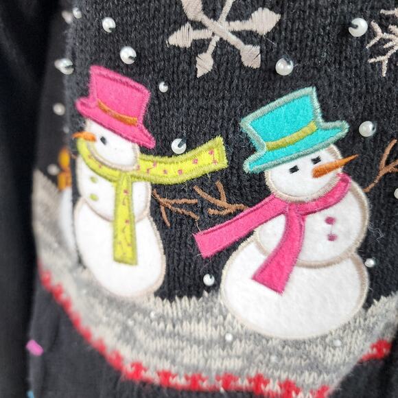 Designers Originals Studio Sweater Women’s LARGE Christmas Black Snowman Holiday - Picture 11 of 16